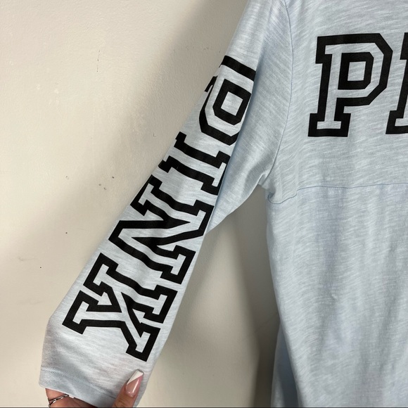 PINK VS Light Pastel Blue 3/4 Sleeve Varsity Fit Campus T-Shirt - Picture 2 of 5